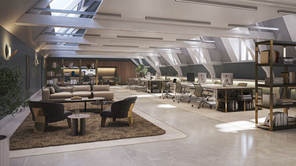 Modern ingerichte kantoorruimte aan de Nieuwezijds Voorburgwal met open werkplekken, een loungehoek en veel natuurlijk licht.